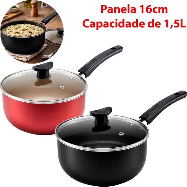 Panela Caçarola 16cm Antiaderente 5 Camadas Tampa Vidro Temperado