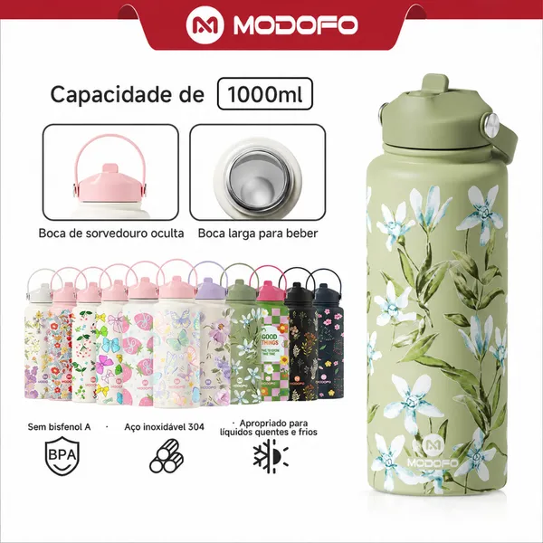 Garrafa Térmica 1000ml com Canudo — Aço Inoxidável