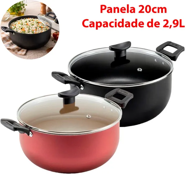 Caçarola Antiaderente 20cm 2,9L Alumínio com Tampa Vidro Temperado