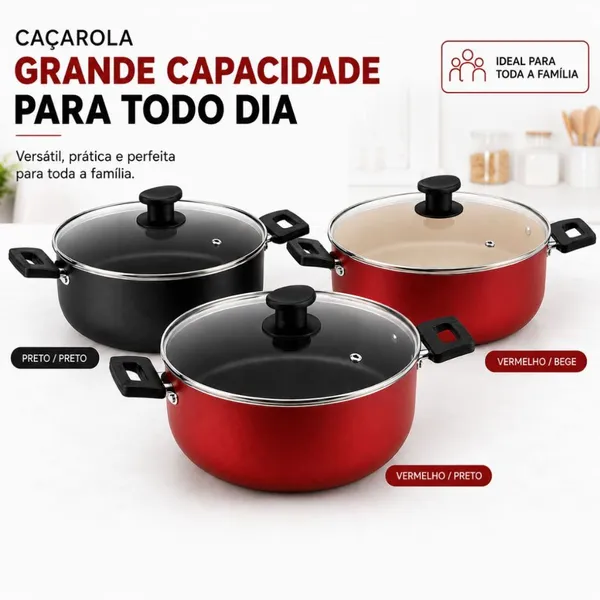 Caçarola Antiaderente 22cm 3,5L Tampa Vidro Temperado