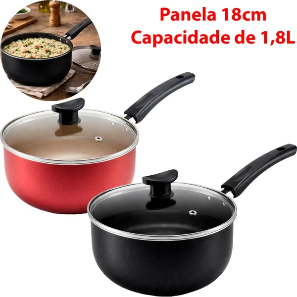 Panela Caçarola Antiaderente 18cm 1,8L Tampa Vidro Temperado