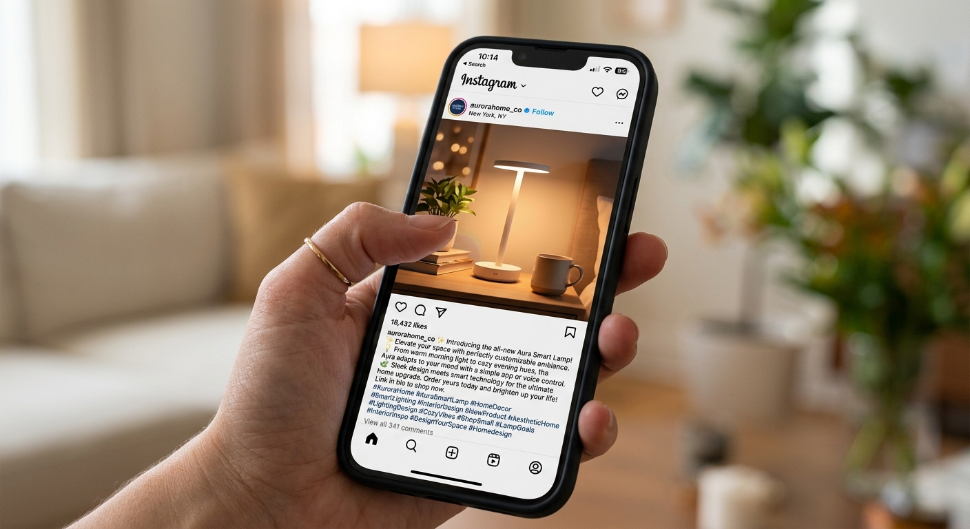 Tela de celular mostrando uma postagem no Instagram para um novo produto de e-commerce, com legenda e hashtags.
