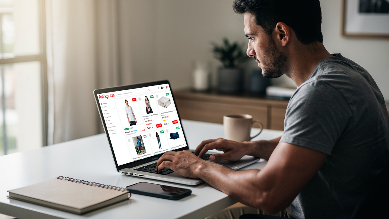 Empreendedor brasileiro importando produtos do AliExpress pelo computador em mesa organizada