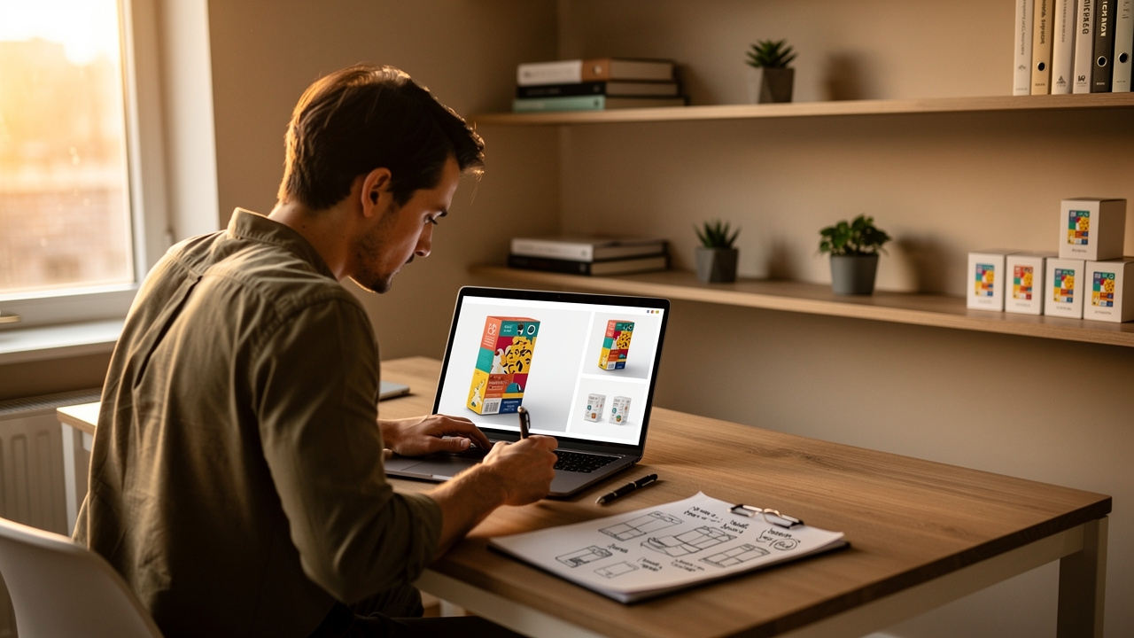 Empreendedor analisando design de embalagem de produto em escritório doméstico moderno