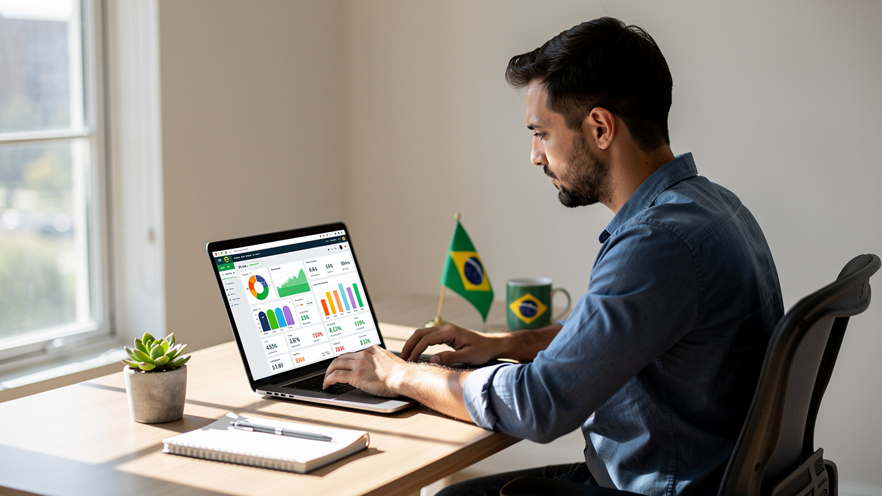 Empreendedor brasileiro gerenciando múltiplos marketplaces em laptop no escritório em casa