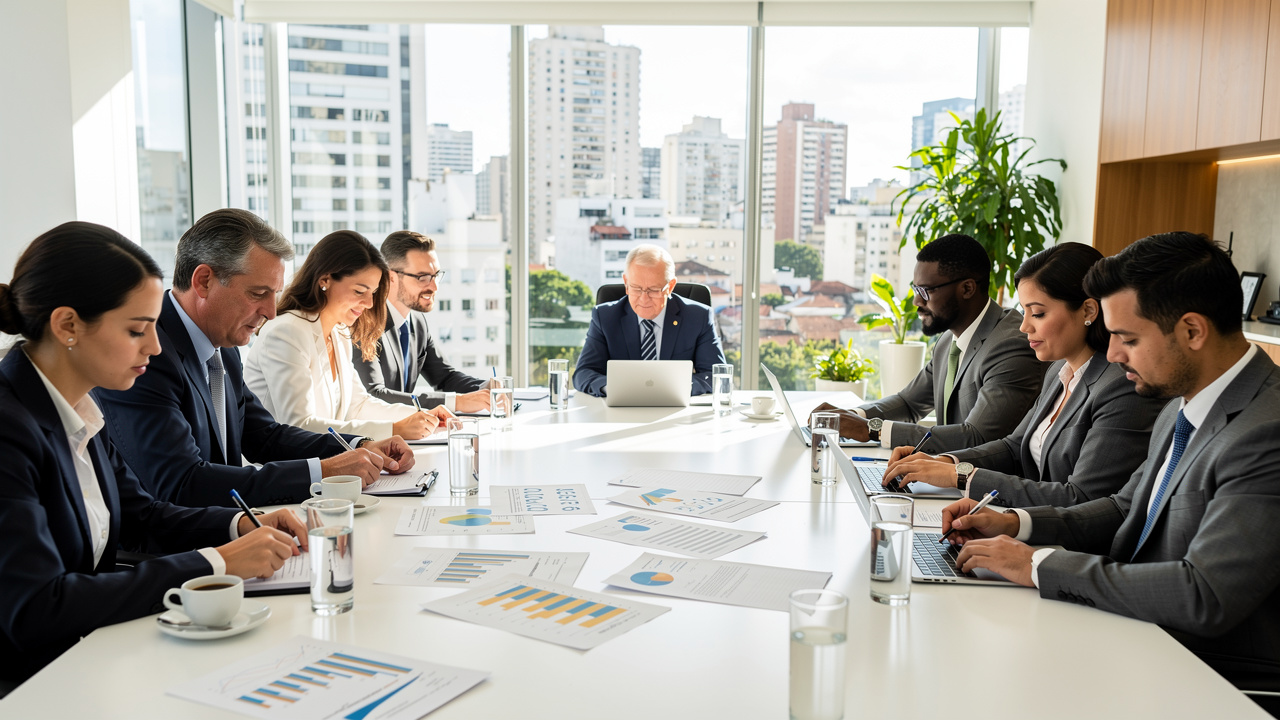 Executivos revisando documentos financeiros em sala de reunião corporativa com luz natural