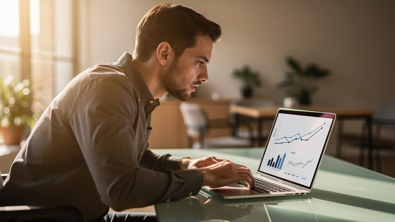 Empreendedor analisando gráficos de crescimento de loja virtual em laptop