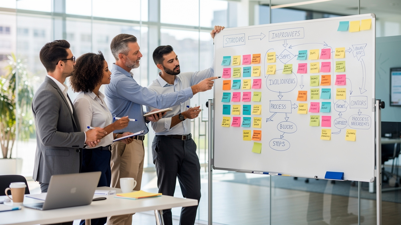 Equipe mapeando etapas de melhoria de processos em quadro branco com post-its
