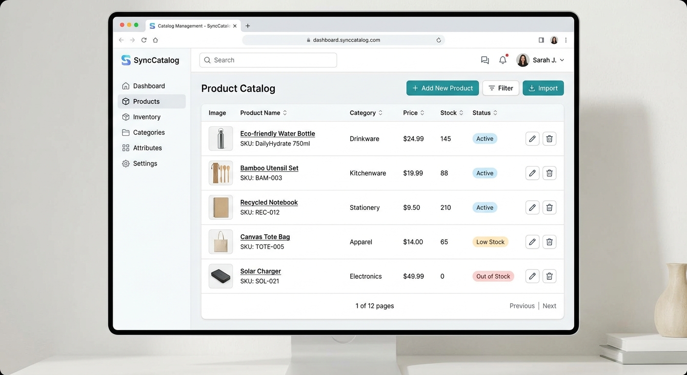 Interface da plataforma Ascendly mostrando a gestão de catálogo de produtos importados com fotos e dados
