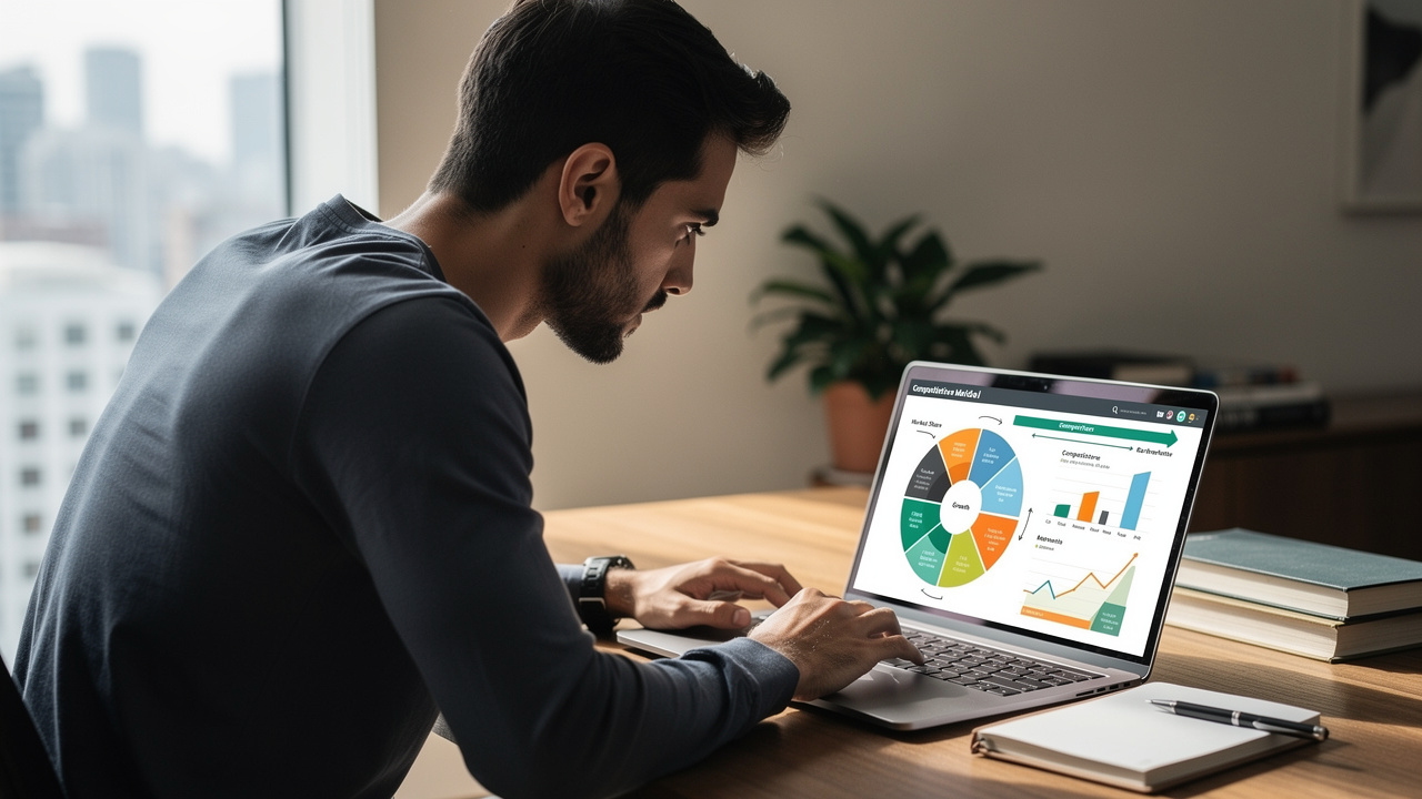 Empreendedor brasileiro analisando diagrama de forças competitivas em notebook no escritório