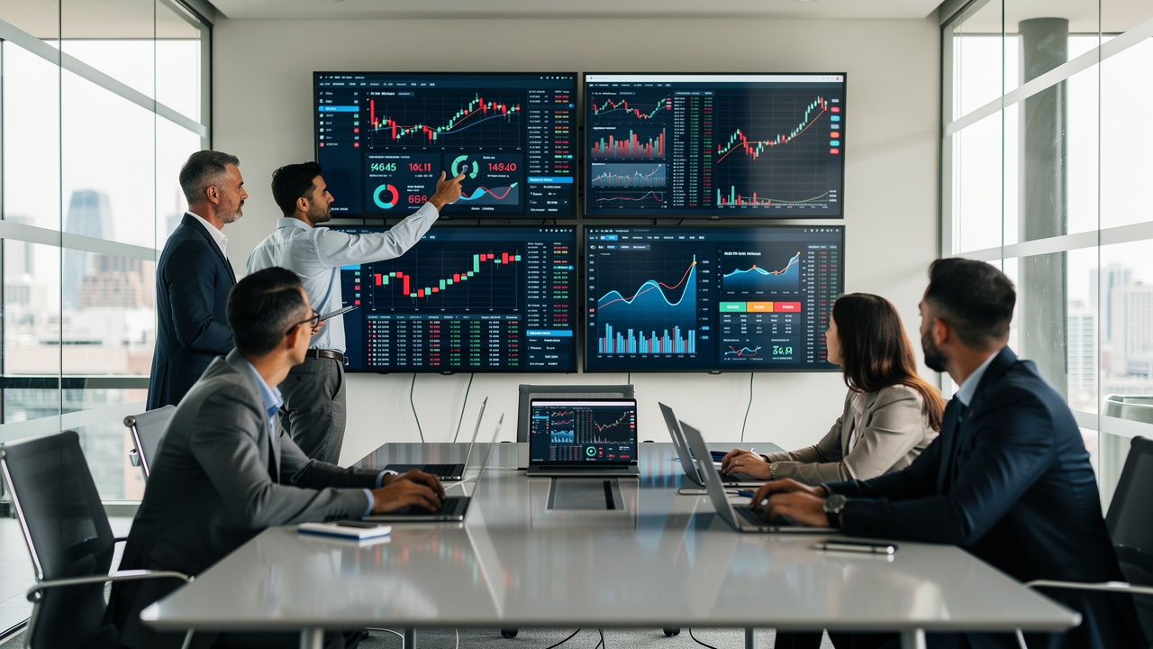 Equipe de negócios analisando dados de mercado em tempo real em escritório moderno
