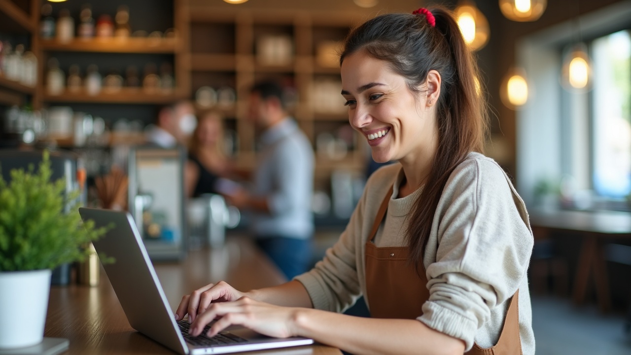 Empreendedora local sorrindo enquanto atualiza o Perfil da Empresa no Google em seu notebook no balcão da loja