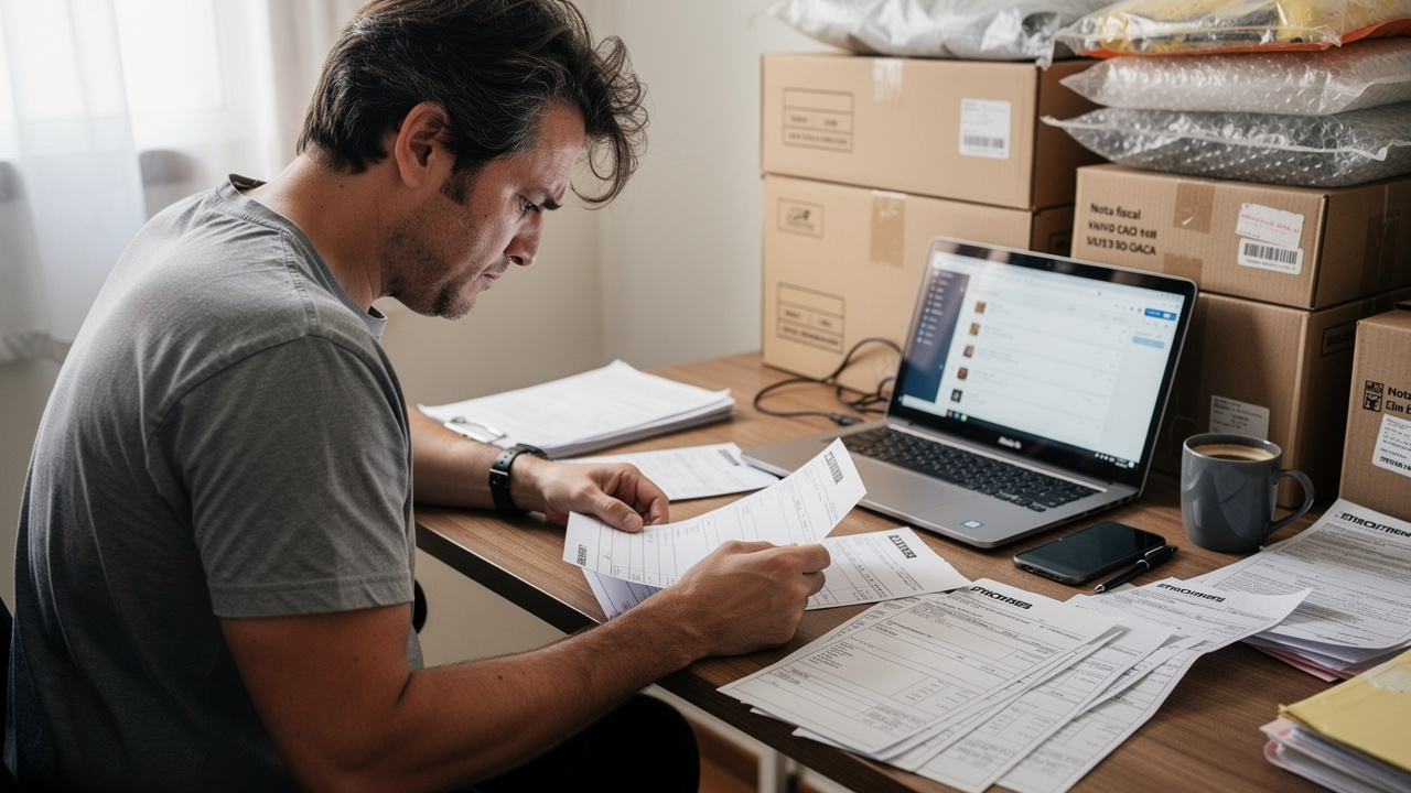 Lojista brasileiro analisando notas de frete com expressão preocupada em frente a um notebook