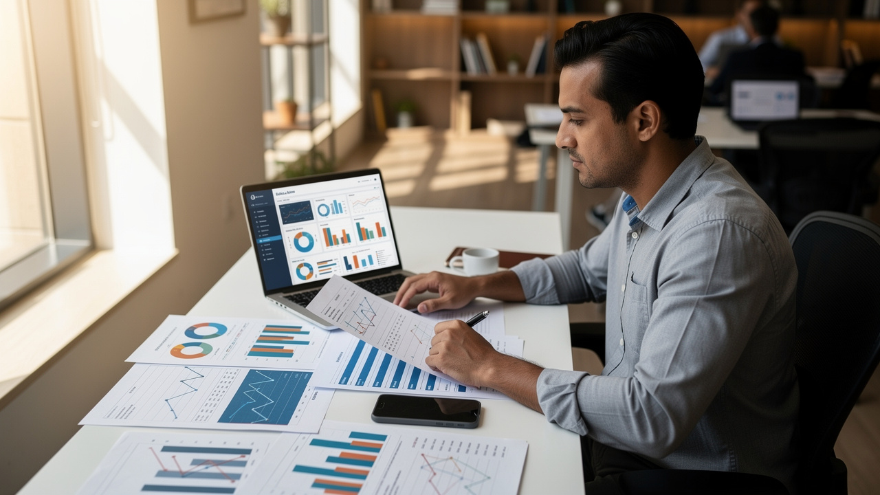 Gestor de e-commerce analisando planilhas financeiras e relatórios de performance em escritório