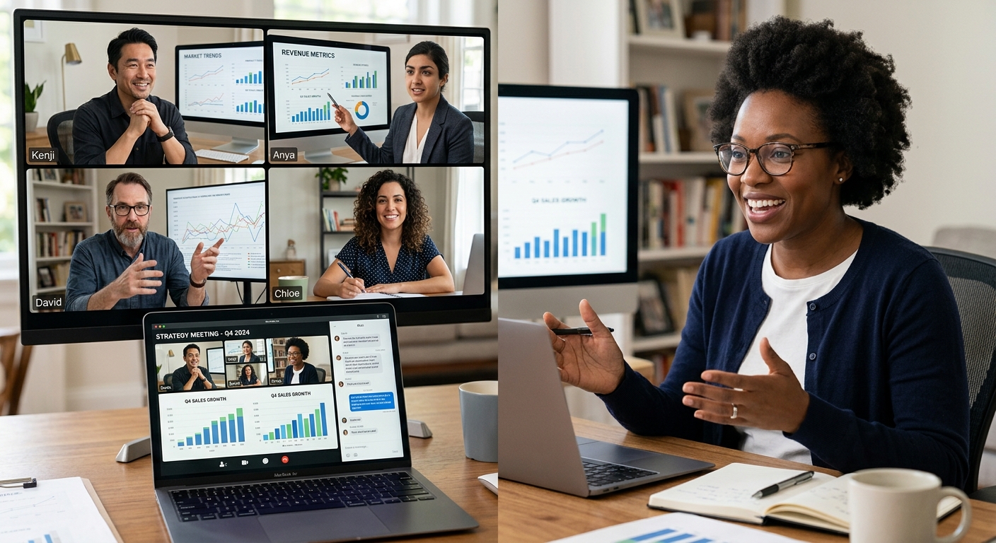 Time diverso em reunião virtual discutindo estratégias de negócios com expressões engajadas