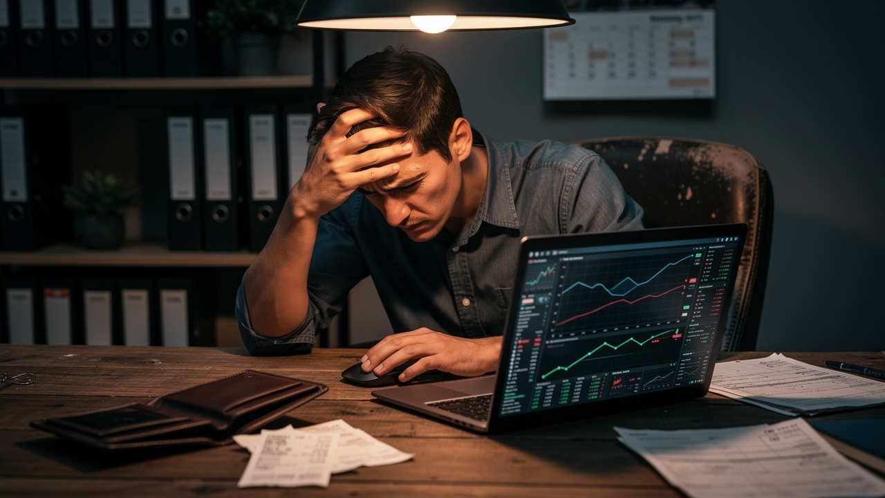 Empreendedor frustrado analisando gráficos financeiros com carteira vazia sobre a mesa