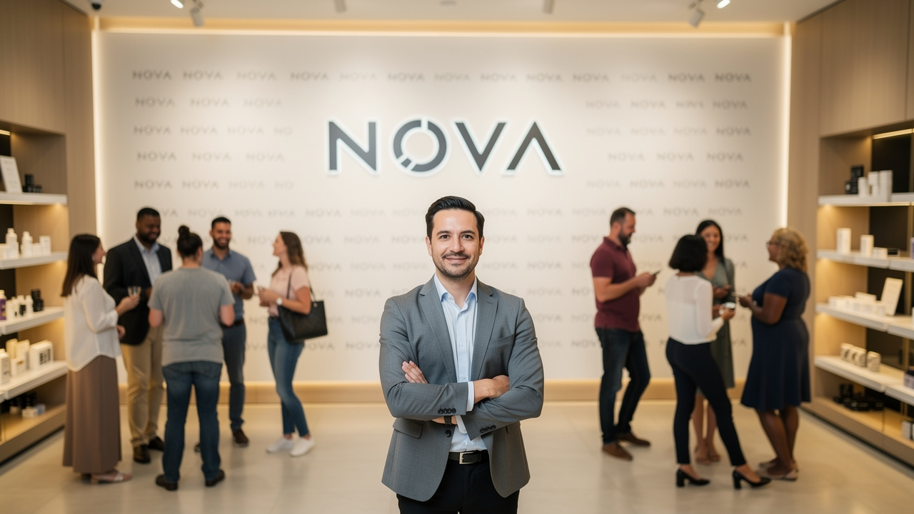 Empreendedor em loja moderna com parede de marca e clientes fiéis ao redor