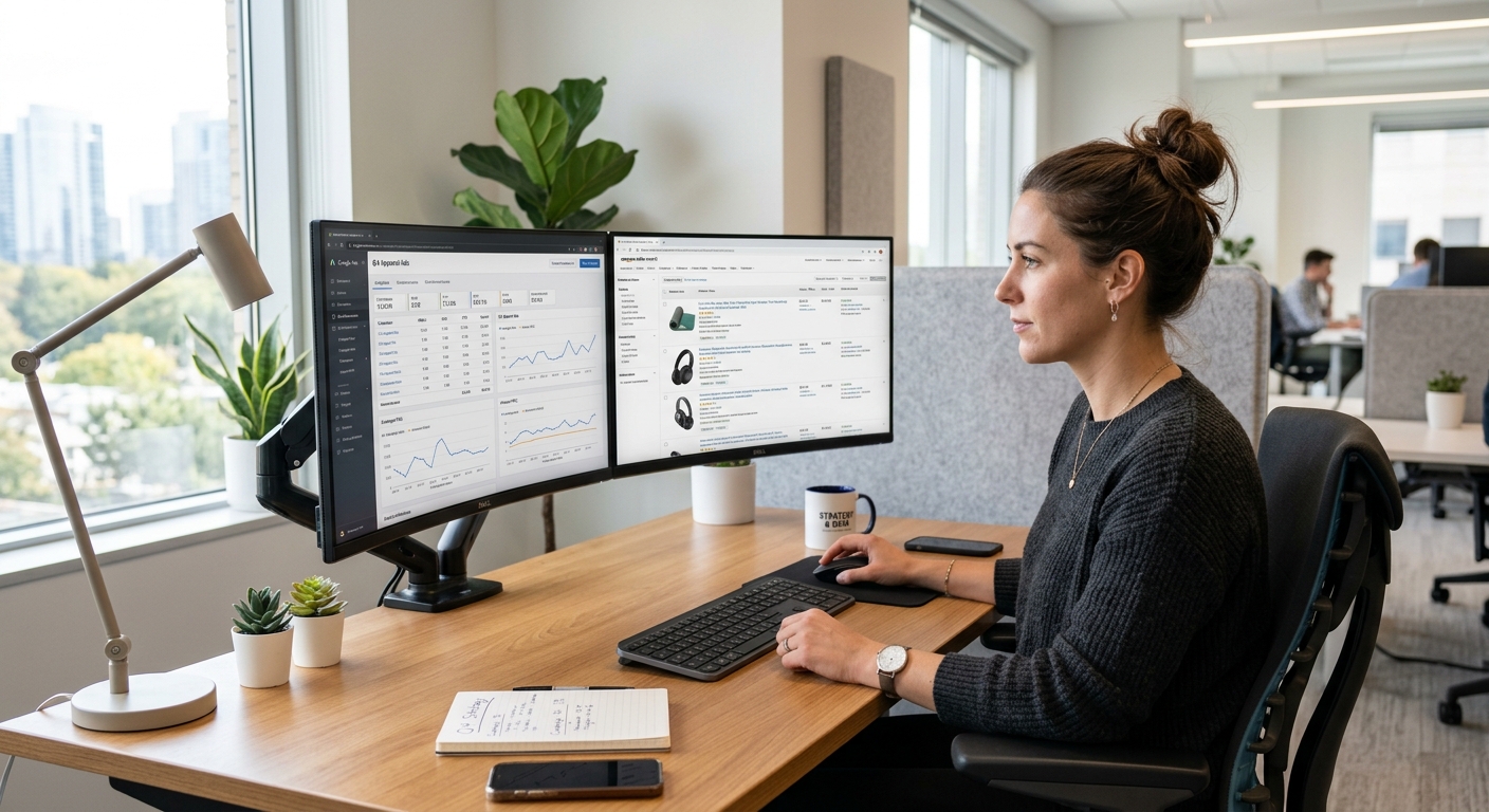 Profissional de marketing revisando listagens de produtos e métricas de anúncios em dois monitores