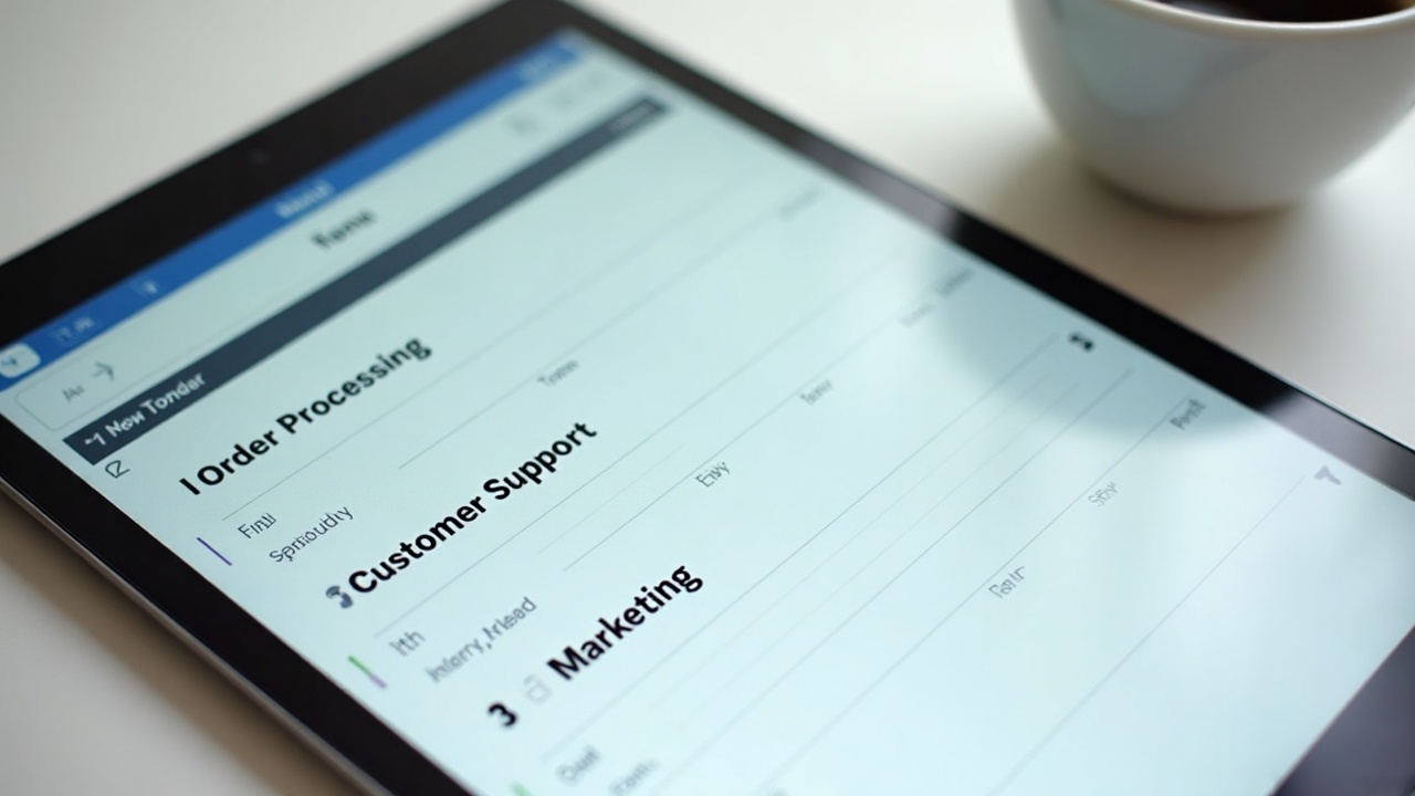 Calendário digital em um tablet mostrando blocos de tempo coloridos para tarefas de e-commerce