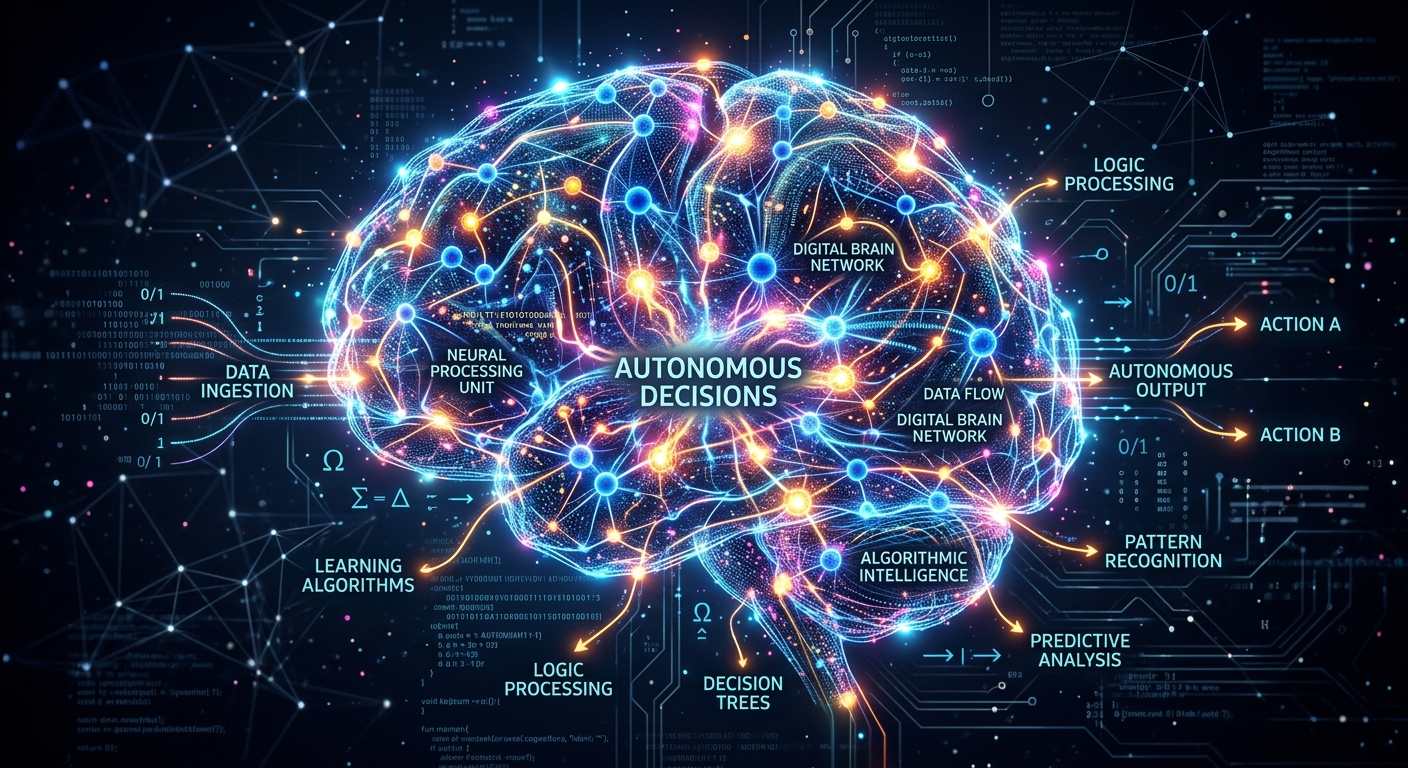 Representação visual de rede neural tomando decisões autônomas com nós interconectados iluminados
