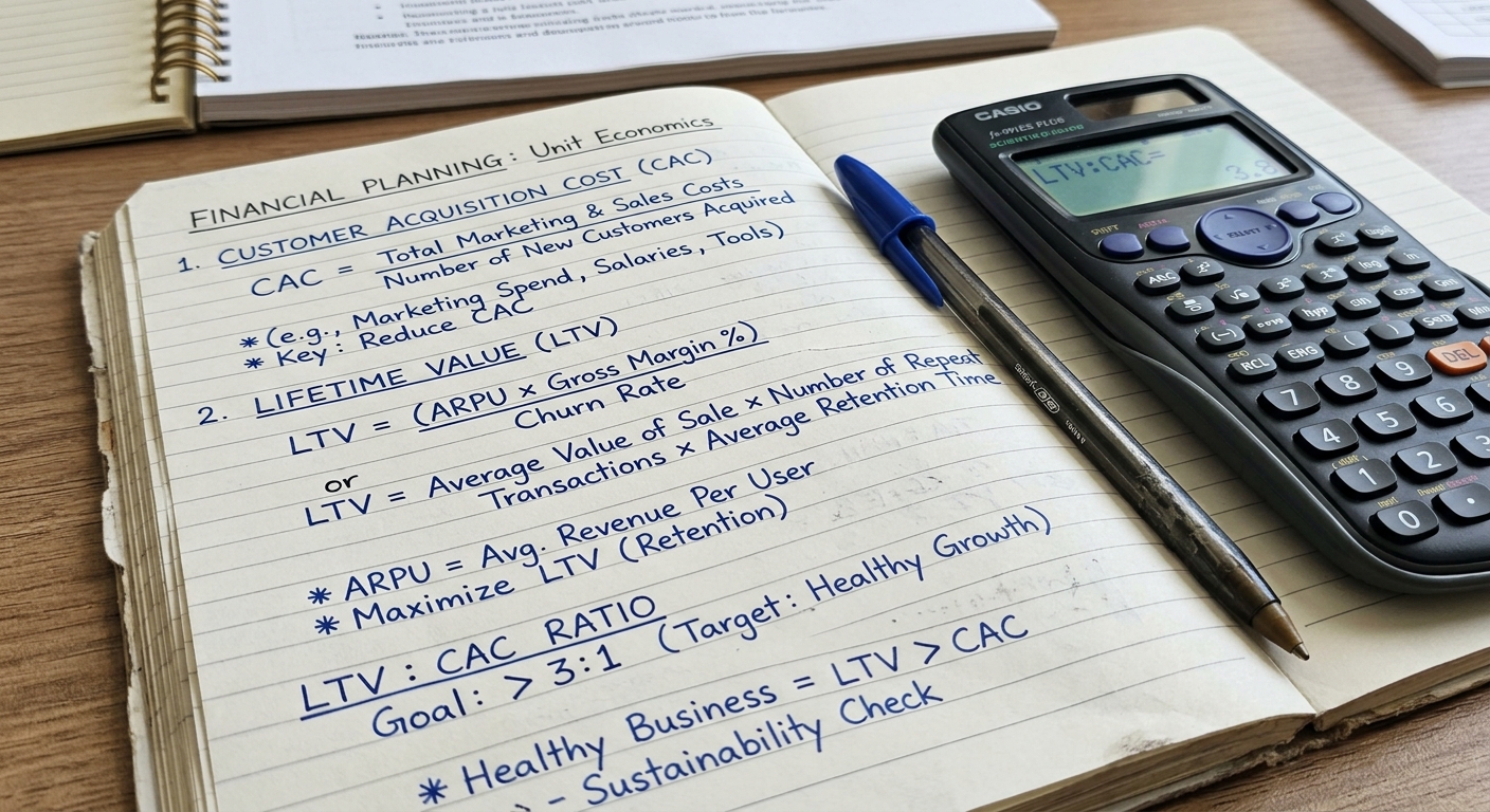 Calculadora e caneta sobre um caderno com anotações de fórmulas de LTV e CAC.
