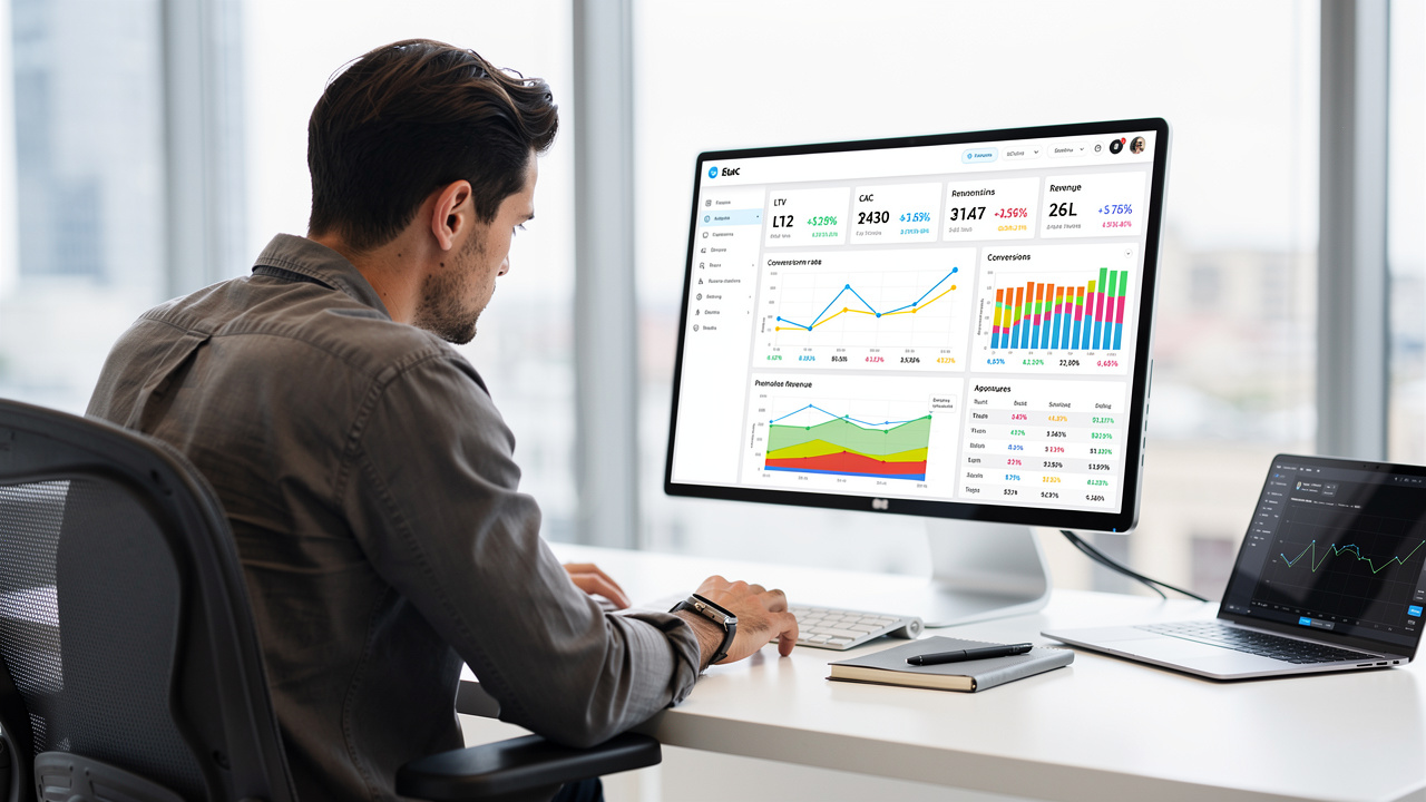 Gestor de e-commerce analisando um painel com métricas financeiras como LTV e CAC em um notebook