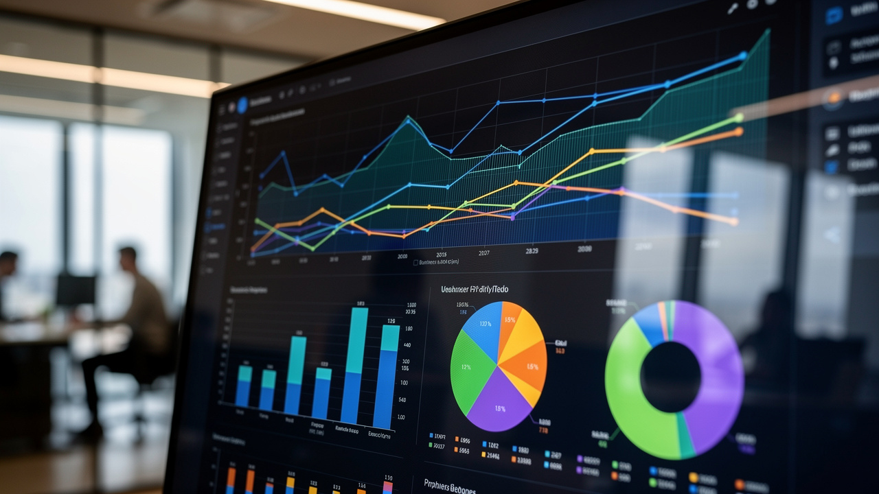 Tela de visualização de dados proprietários com gráficos coloridos em ambiente corporativo
