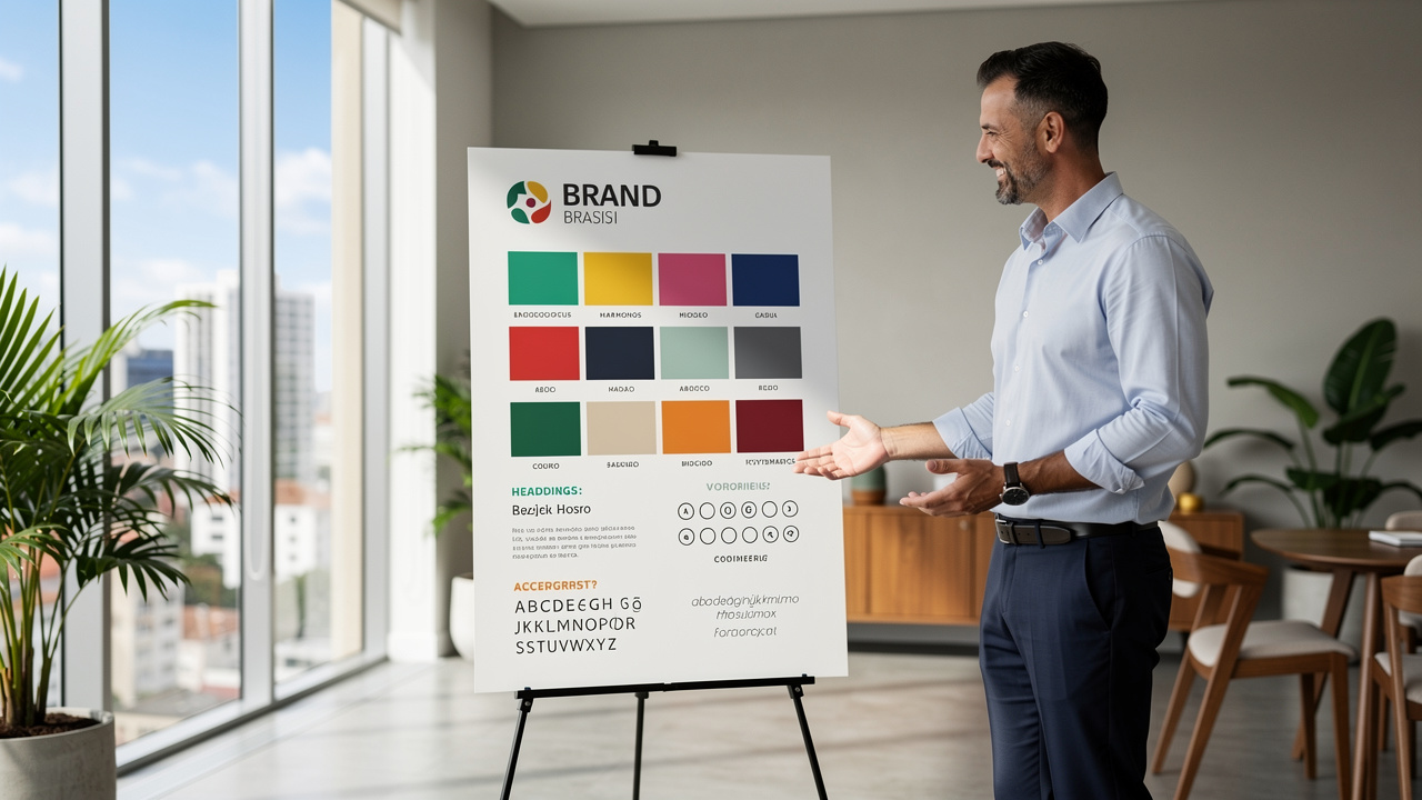 Designer apresentando identidade visual coesa com logo, cores e tipografia em escritório moderno