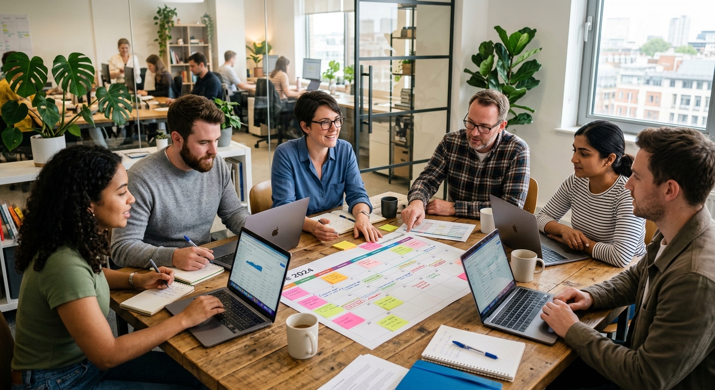 Equipe de marketing reunida com laptops e calendários de conteúdo impressos na mesa