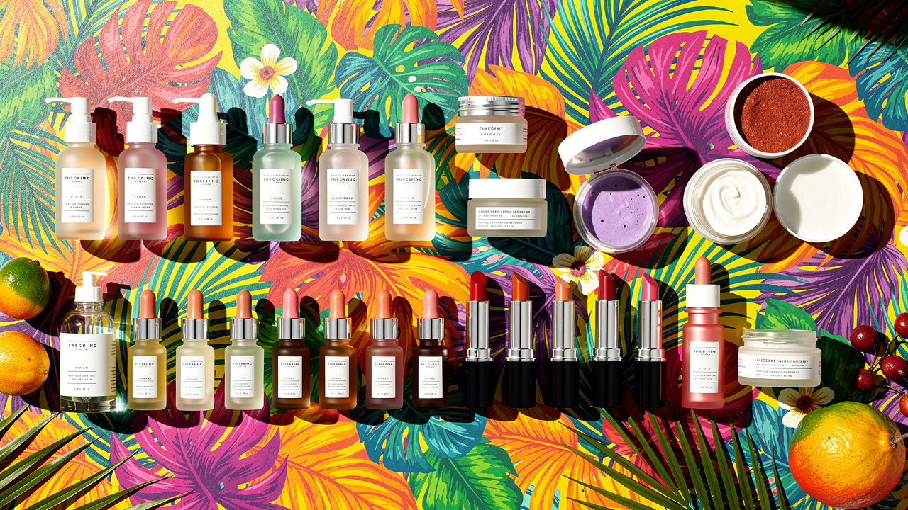 Produtos de beleza e skincare organizados para gravação de vídeo no TikTok Shop com fundo colorido