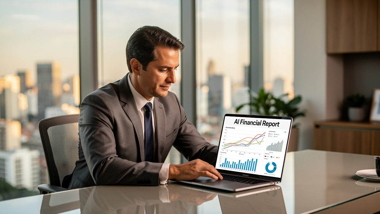 Executivo analisando relatório gerado por inteligência artificial em escritório moderno brasileiro