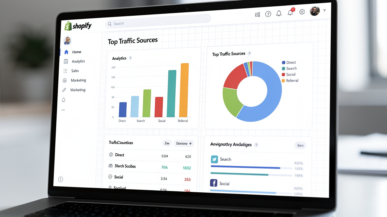 Tela de análise do Shopify mostrando as principais fontes de tráfego para uma loja online