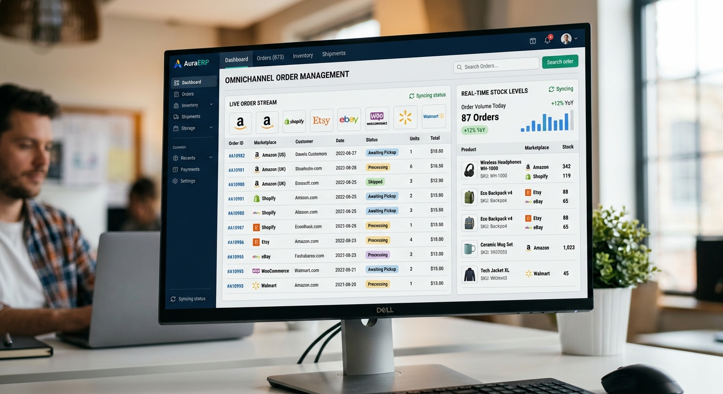Tela de ERP moderno exibindo painel de pedidos de múltiplos marketplaces com estoque em tempo real