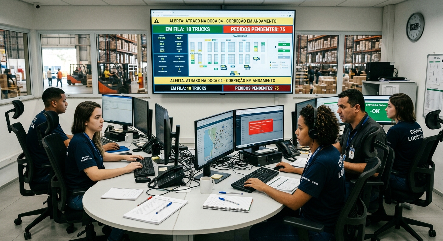 Equipe brasileira de logística monitorando alertas automáticos em sala de controle de armazém