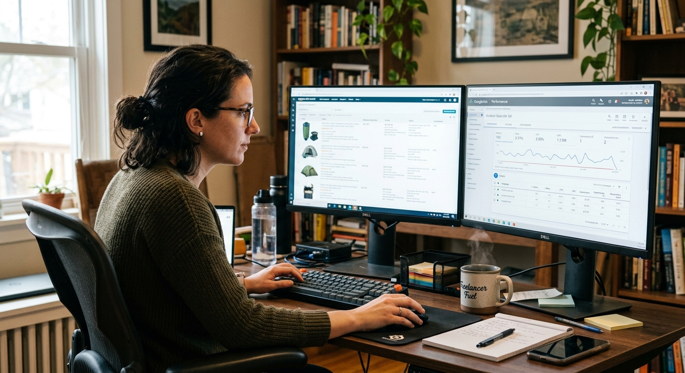 Freelancer revisando listagens de produto e desempenho de anúncios em dois monitores