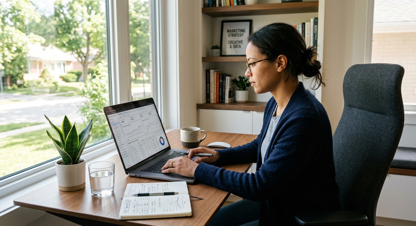 Freelancer de marketing analisando campanha de tráfego pago em home office moderno