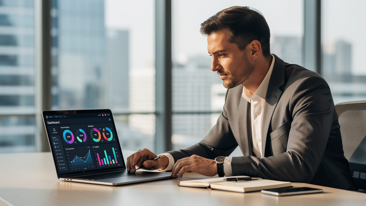 Executivo analisando painel de dados gerado por inteligência artificial em escritório moderno