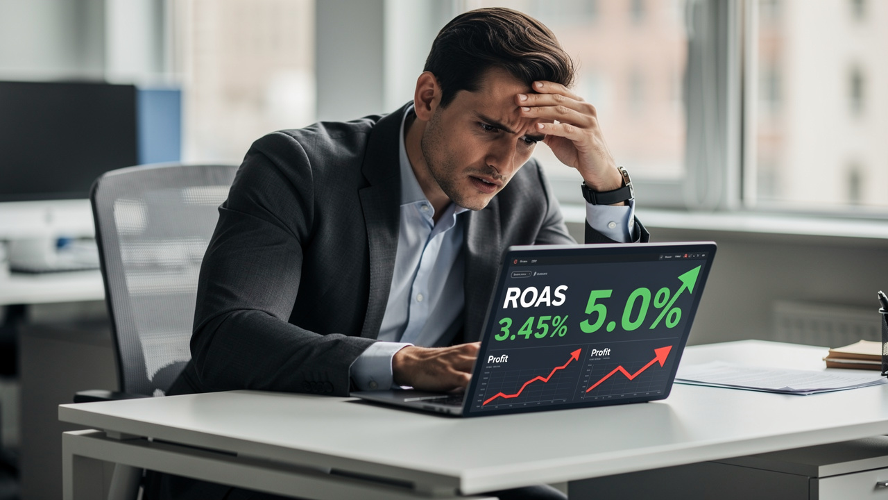 Gestor de marketing frustrado olhando tela com ROAS alto e lucro em queda
