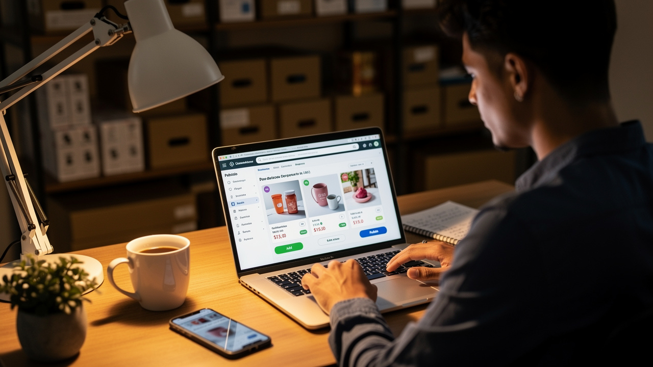 Lojista brasileiro revisando listagens de produtos no notebook com luz ambiente quente