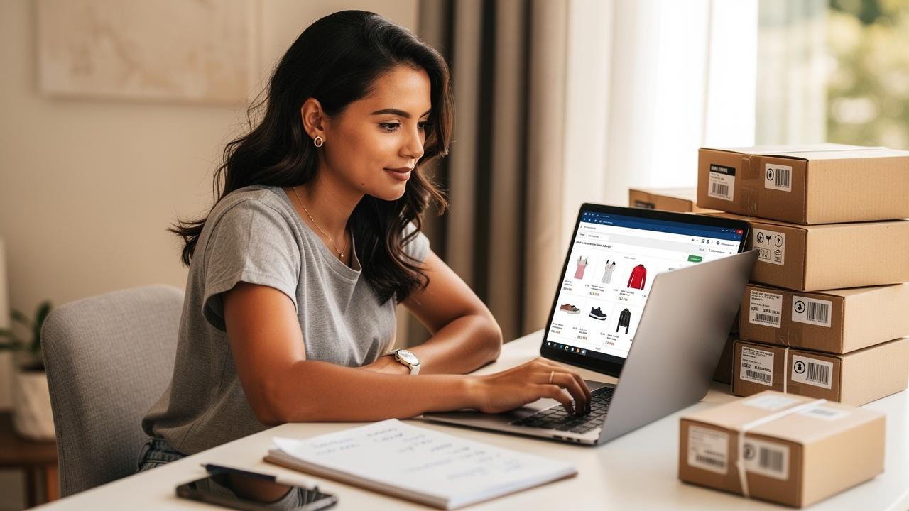 Jovem mulher trabalhando remotamente em laptop organizando pedidos de loja virtual