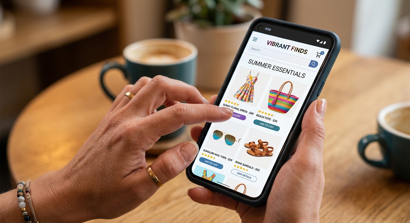 Pessoa usando smartphone para comprar produtos em um site de e-commerce com design atraente e focado no consumidor