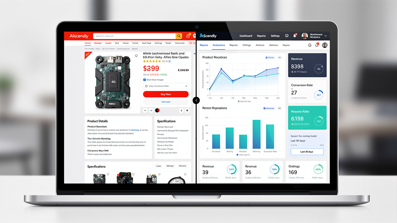 Tela dividida mostrando um produto do AliExpress e o painel do Ascendly com análises de dados