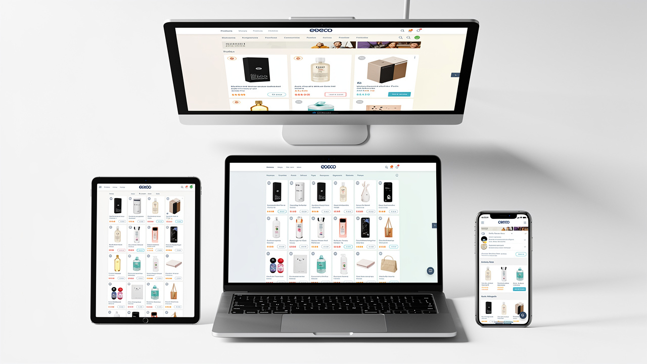 Catálogo de produtos exibido de forma consistente em diferentes plataformas de e-commerce em múltiplos dispositivos