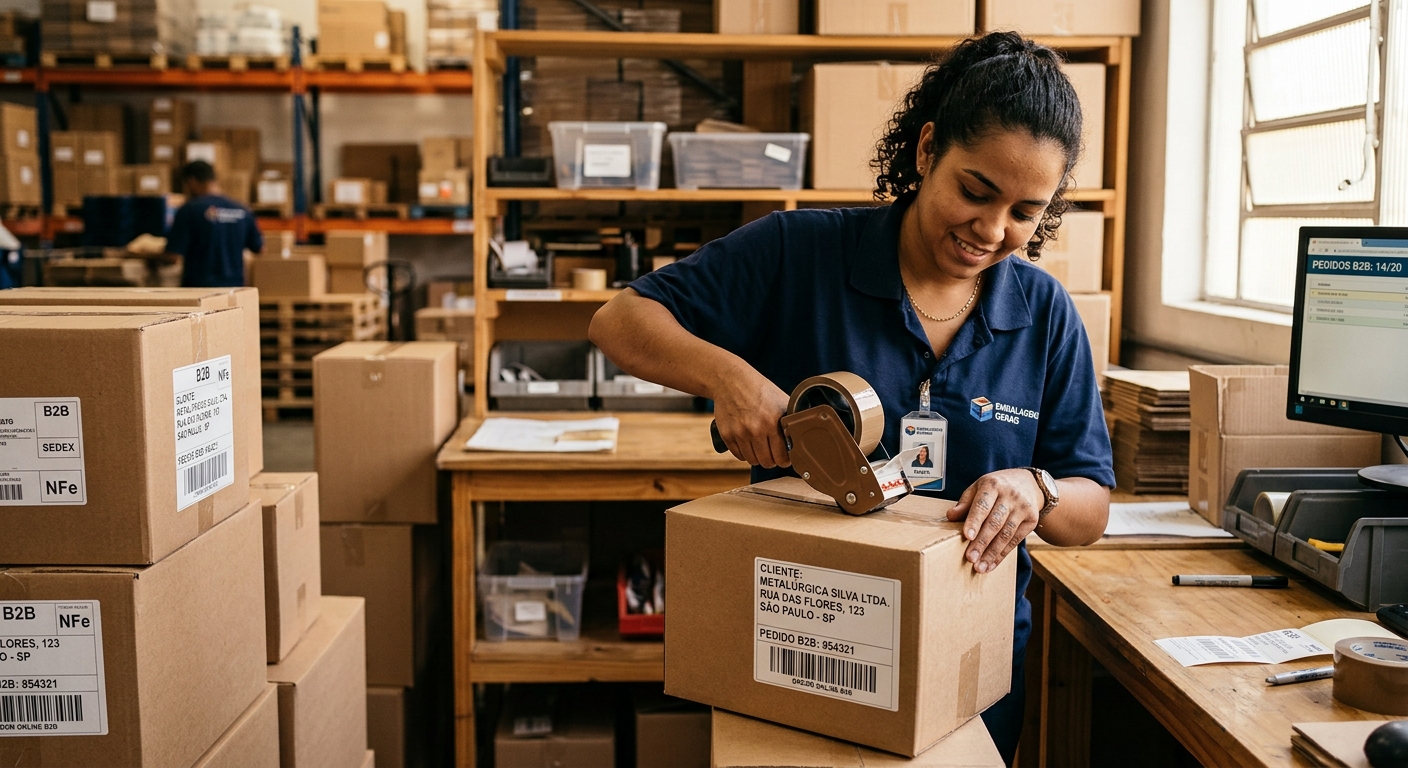 Funcionário de armazém industrial preparando caixas etiquetadas para pedidos B2B online