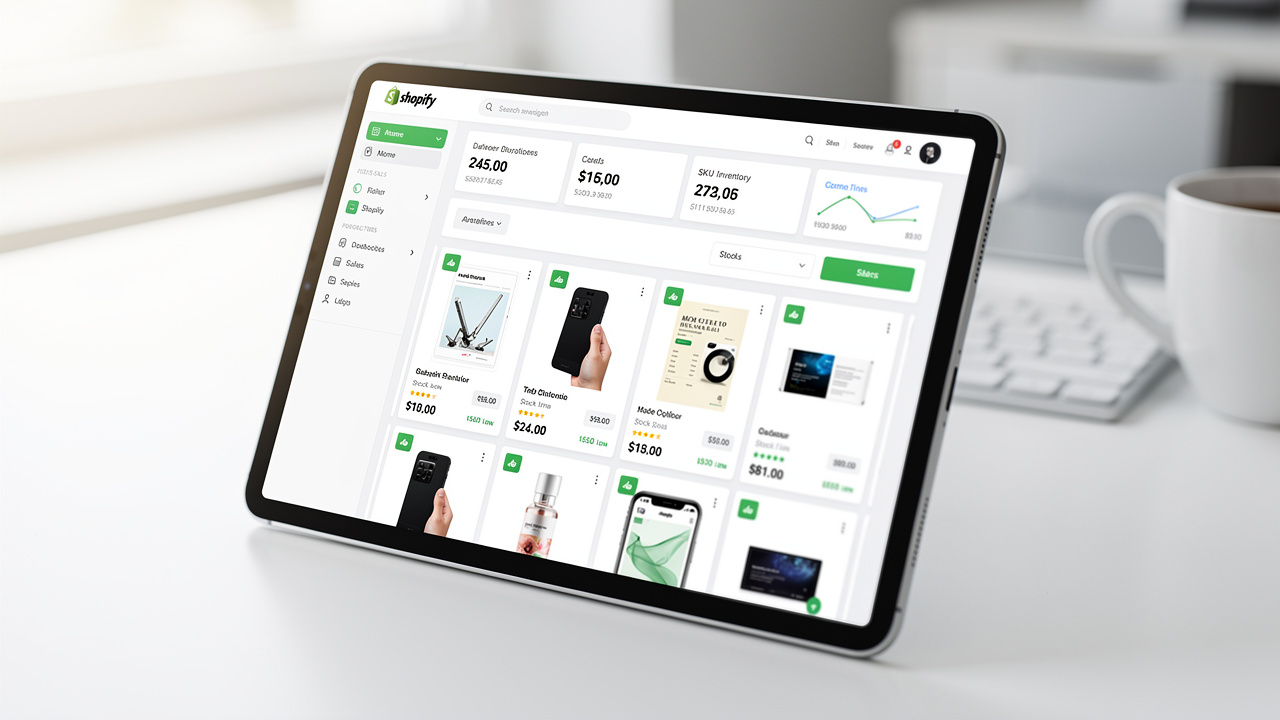 Detalhe de um painel de produtos organizado da Shopify em um tablet, exibindo imagens e dados.