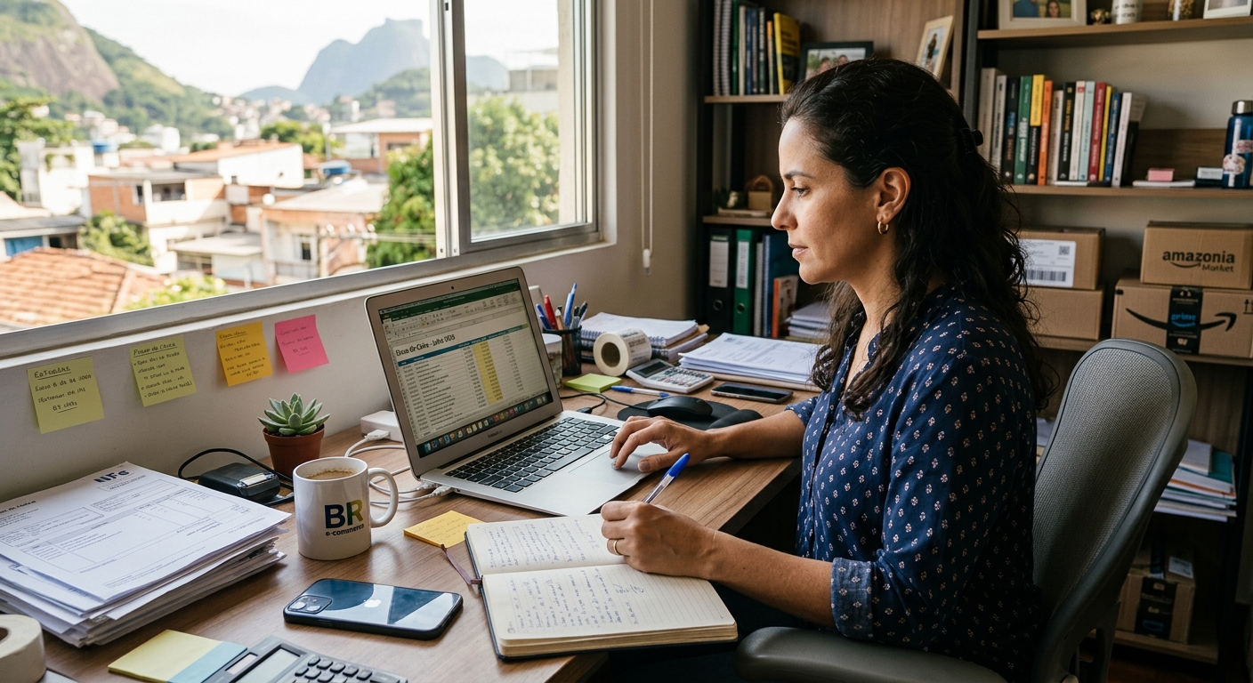 Empreendedor brasileiro analisando planilha financeira no laptop em mesa de trabalho
