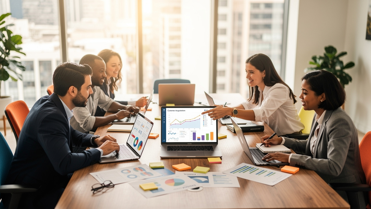 Equipe de marketing analisando dados de aquisição de clientes em laptops em espaço colaborativo
