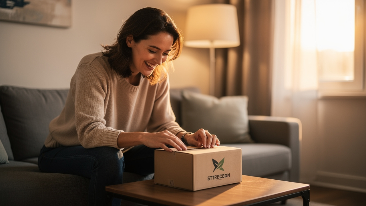 Cliente satisfeita recebendo embalagem com identidade de marca em casa com iluminação acolhedora