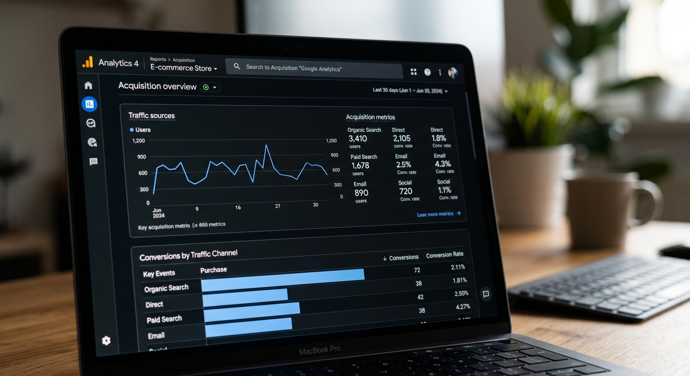 Tela de um notebook exibindo um painel do Google Analytics com gráficos de tráfego e conversão.