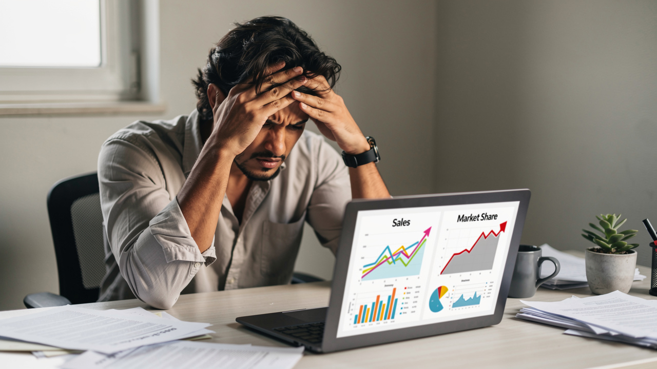 Empreendedor brasileiro olhando para gráfico de vendas crescentes com queda de participação de mercado